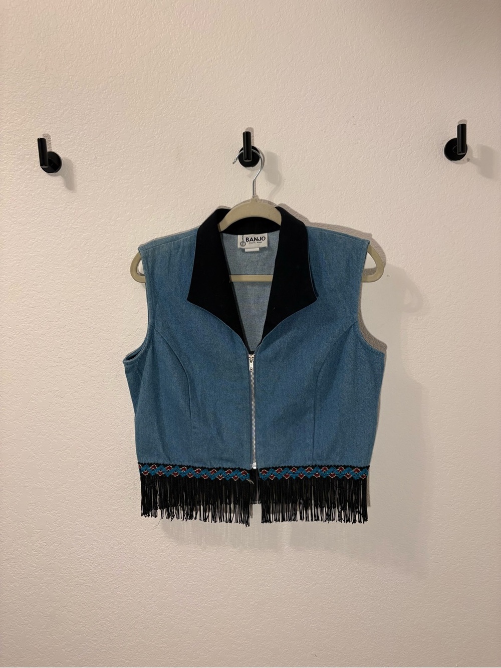 Vintage Blue Denim Fringe Zip-Front Vest